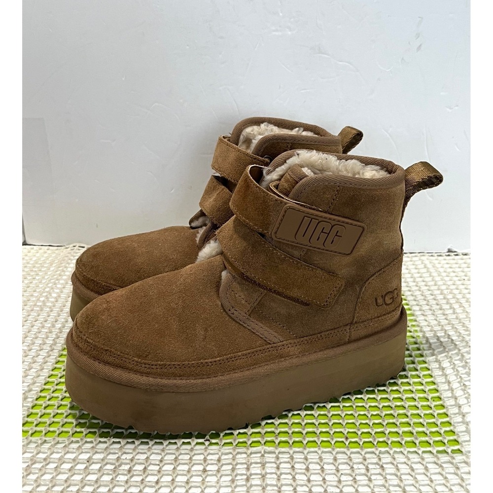 UGG Neumel Platform Chestnut Suede Shearling Boots Kids Size 2 light‎ stn good